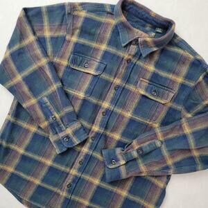 Orvis Heavy Flannel Plaid Shirt Jacket Men's XL Pockets Blue Brown Shacket